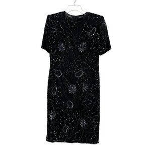 Robert Anthony Black Silver Sequined Beaded Short Sleeve Lined Silk Dress Size 8